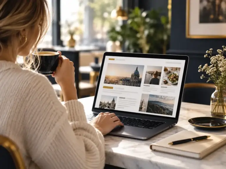 Persoon leest online artikelen over actualiteiten en lifestyle op een laptop in een moderne omgeving.