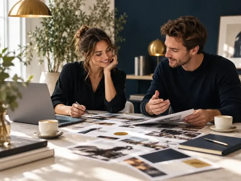 Creatief team bespreekt artikelen, beelden en actuele onderwerpen voor een modern lifestyleplatform.