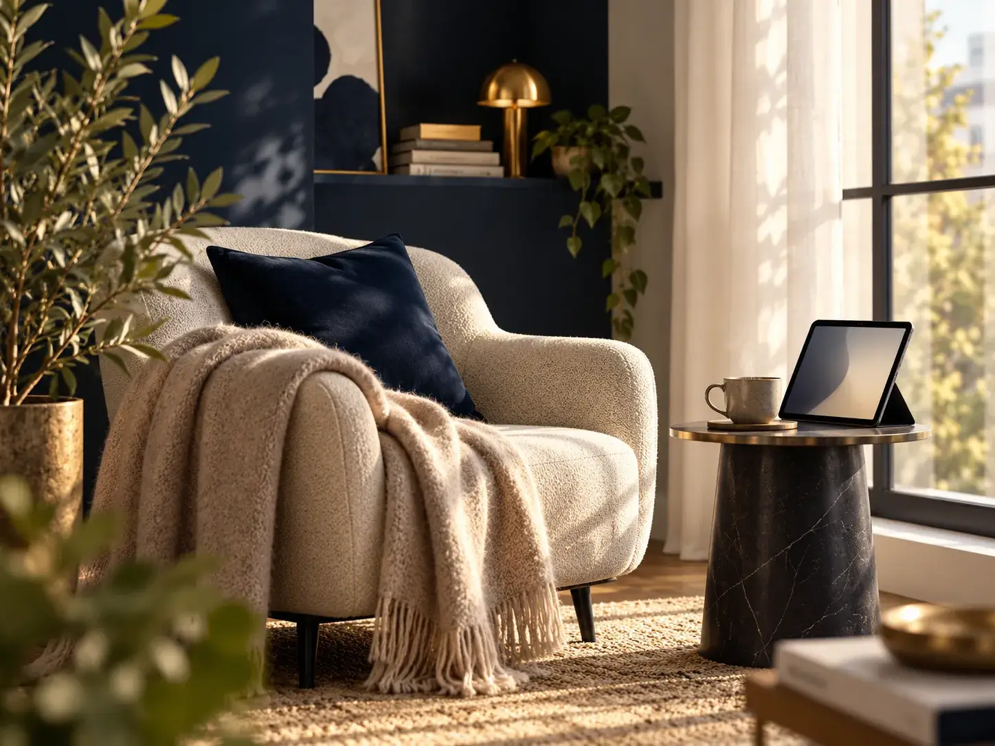 Moderne leeshoek met tablet, koffie en warme interieurdetails voor ontspannen lifestyle-inspiratie.