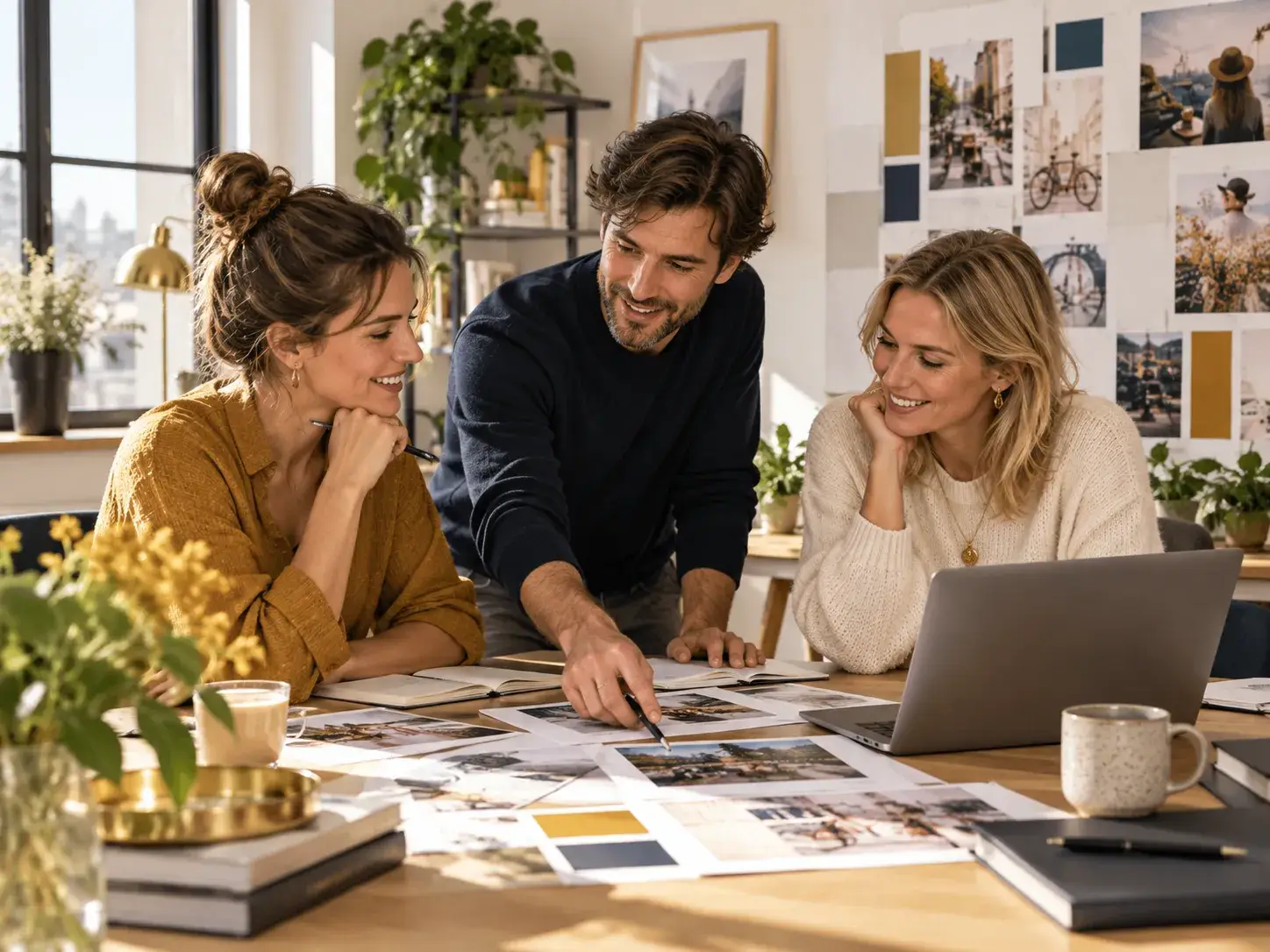 Creatief team in overleg over verhalen, actualiteiten en lifestylecontent voor de Over ons-pagina van Telegraafjes.