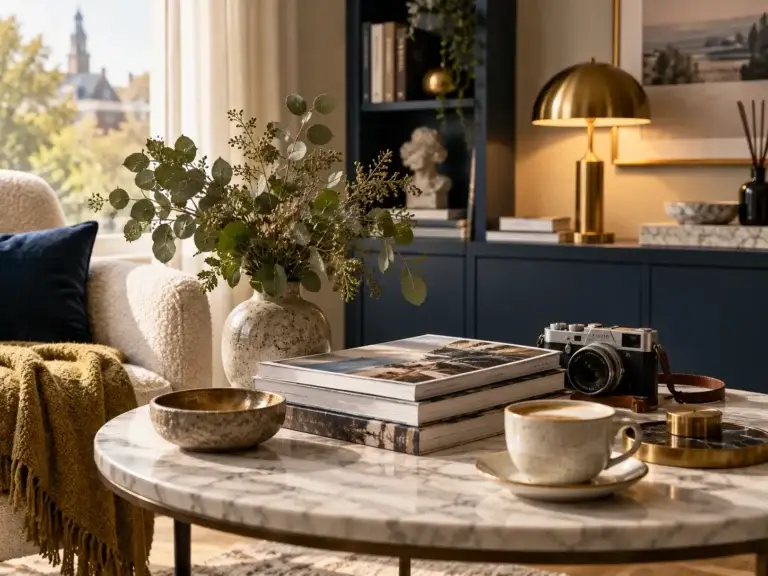 Sfeervol interieur met boeken, camera, koffie en decoratieve details passend bij de Over ons-visie van Telegraafjes.