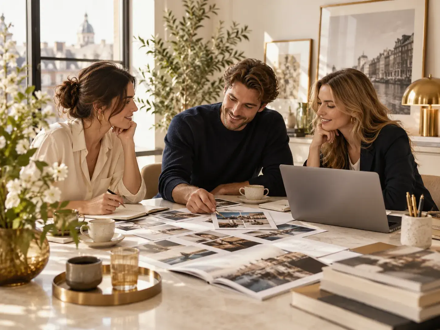 Creatief team in overleg met laptop, tijdschriften en koffie in een warme werkomgeving passend bij Partners in Telegraafjes.