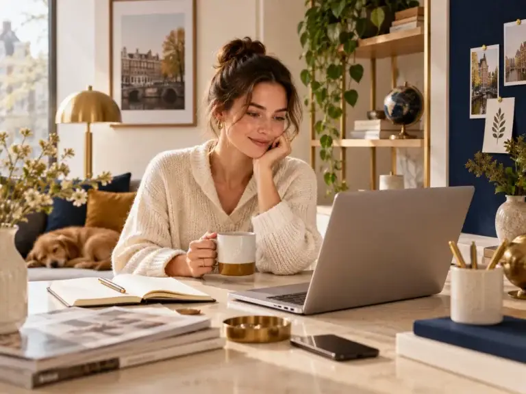 Bezoeker zoekt antwoorden via laptop en notities in een warme, moderne setting passend bij de Faq van Telegraafjes.