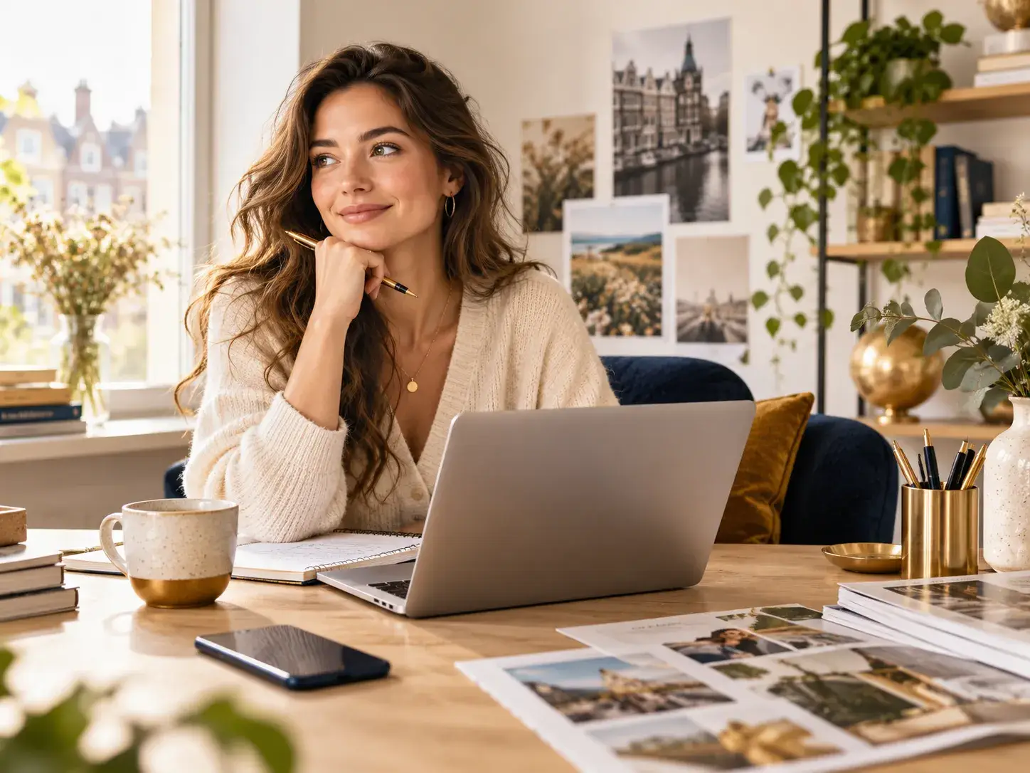 Vrouw werkt met laptop en notities in een warme creatieve setting, passend bij registreren en content delen via Telegraafjes.